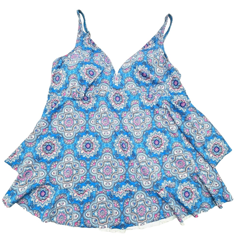 BEACH HOUSE Womens 16 Blue Pink Floral Mandala Swim Tankini Top Underwire Padded